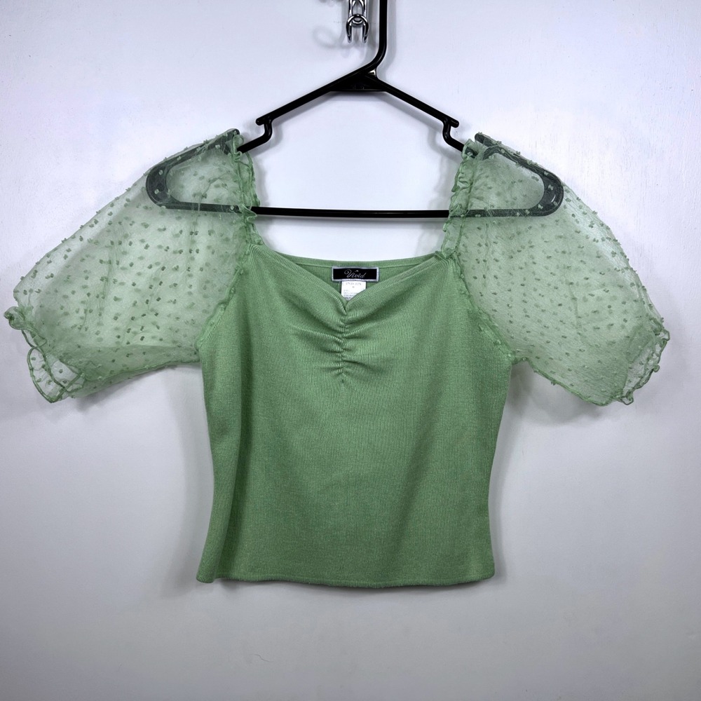Vintage Y2k Womens Green Puff Sleeve Size M Knit Short Sleeve‎ Top Festival